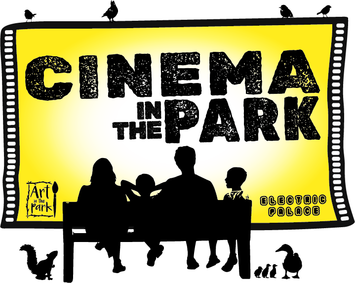 Cinema in the Park logo - family sitting outside watching screen